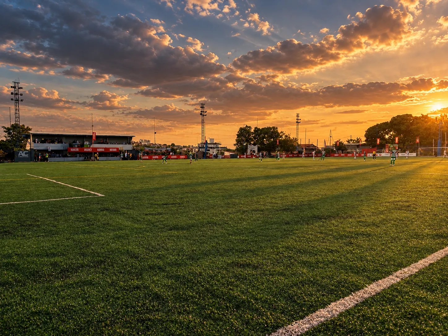 Campo da Arena Comercial, no Barreiro, com gramado e área de convivência ao fundo, em imagem tratada